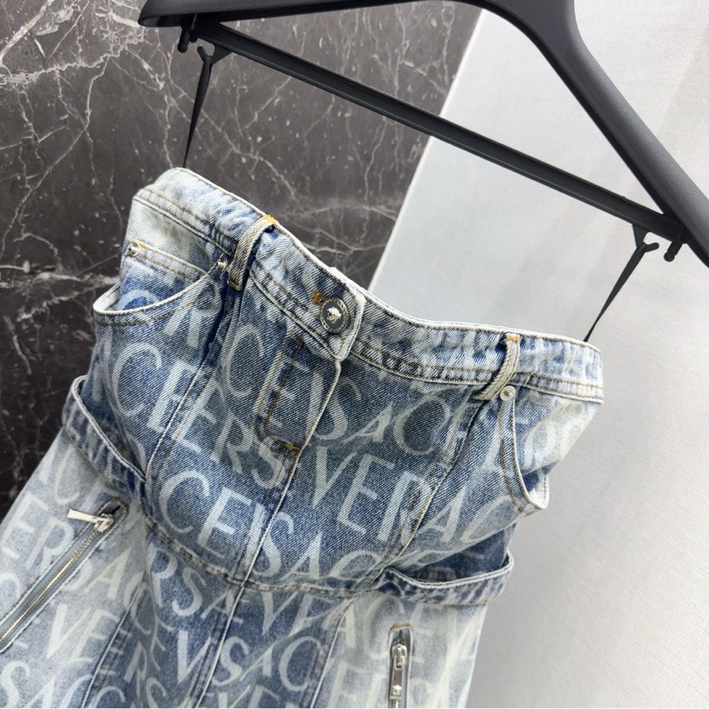 Versace Light Blue Logo-Printed Strapless Denim Mini Dress - Picture 2 of 9